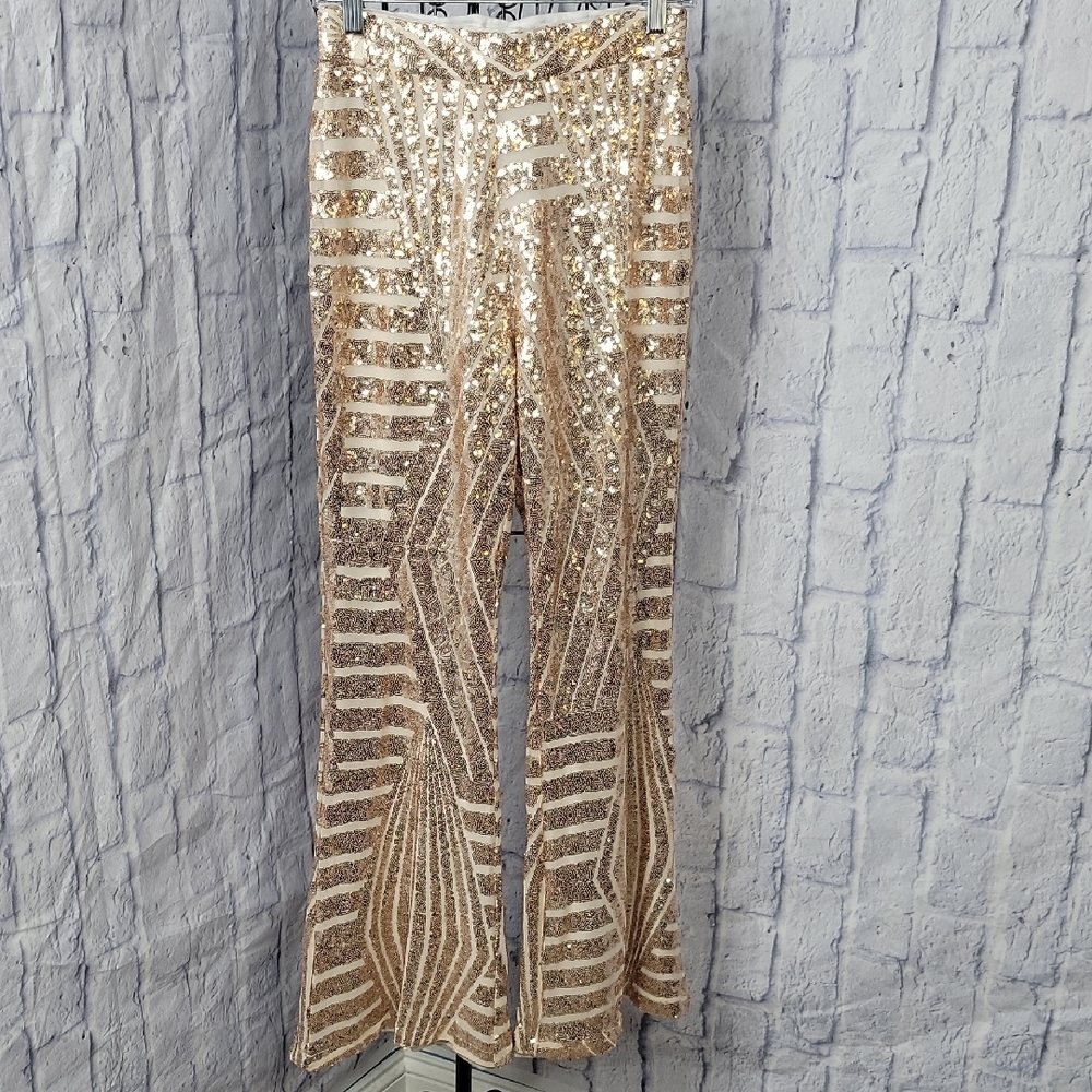Gold Sequin Art Deco Flare Pant‎ Medium High Waist Party Glam